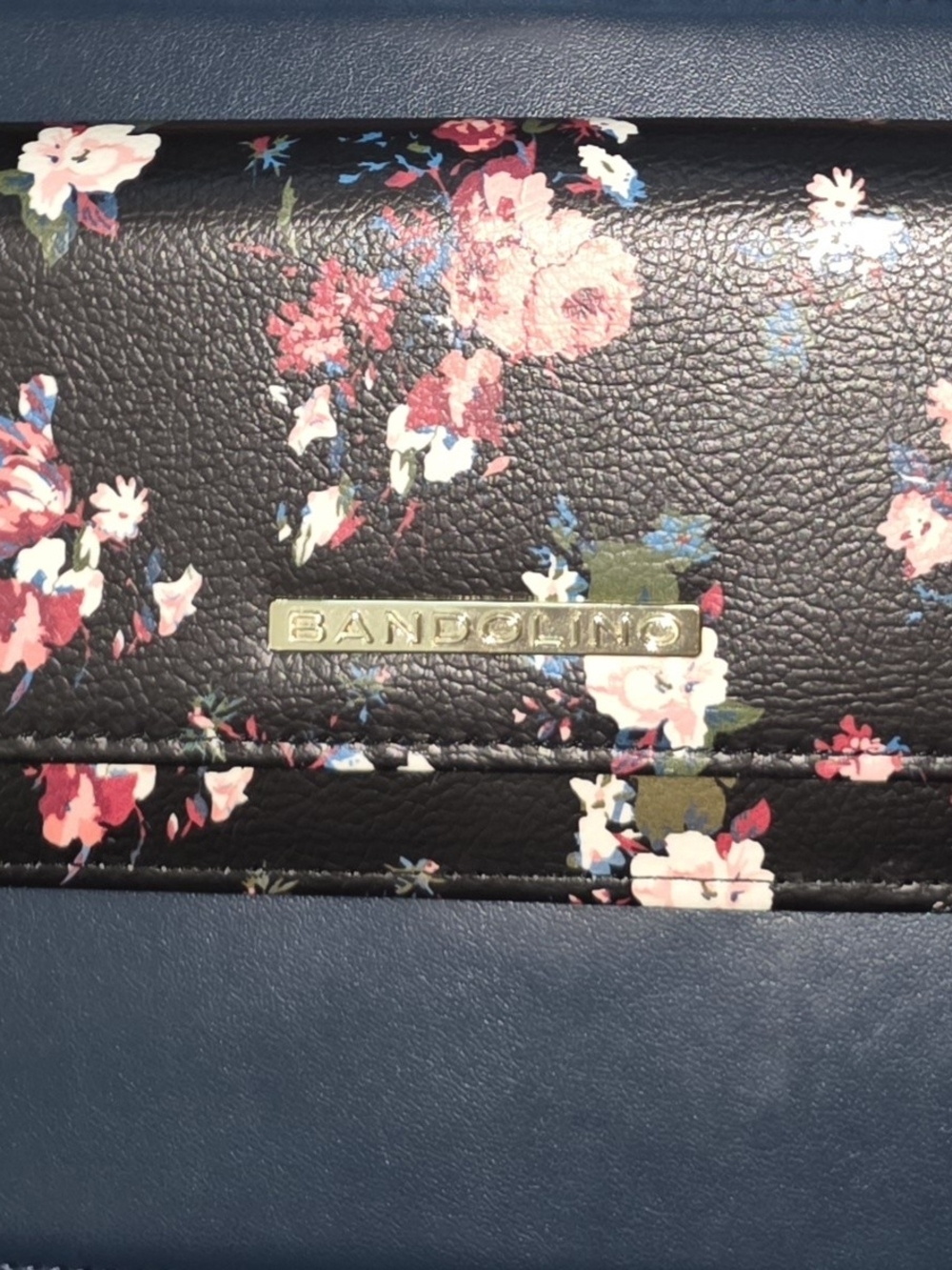 Bandolino Black Floral and Navy Fold-Over Crossbody Wallet